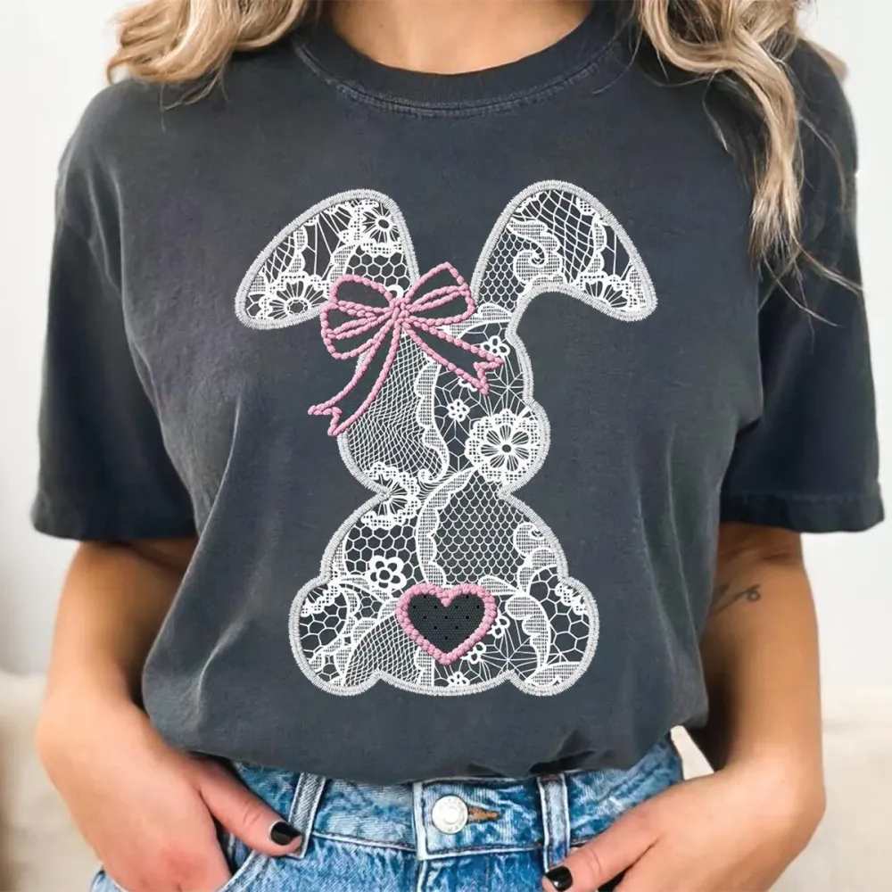 Easter Lace Bunny Printed Round Neck Short Sleeve T-Shirt