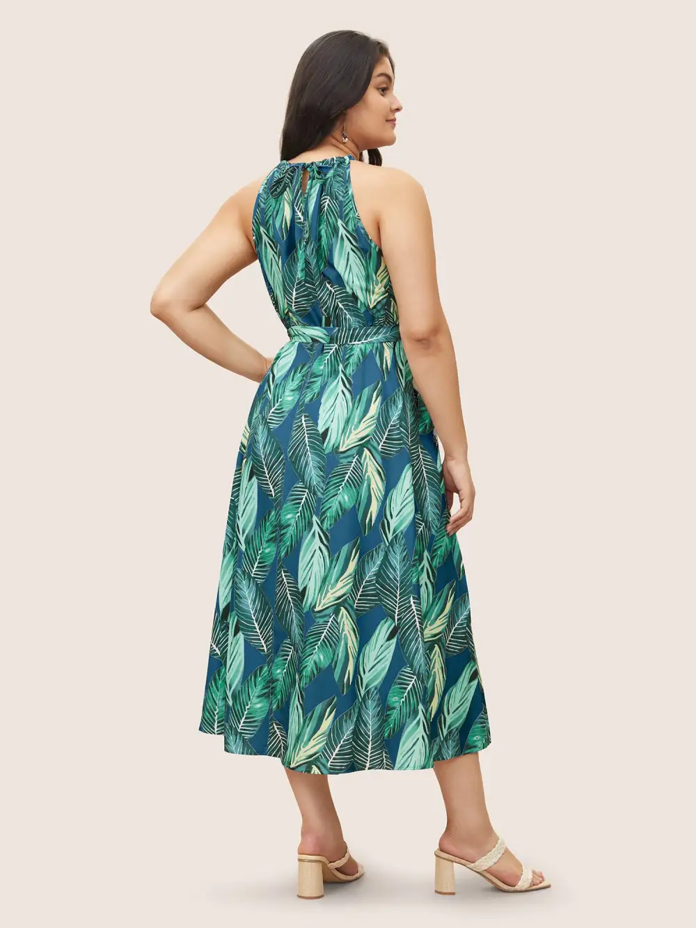 Tropical Print Knotted Pocket Ruffles Belted Halter Dress