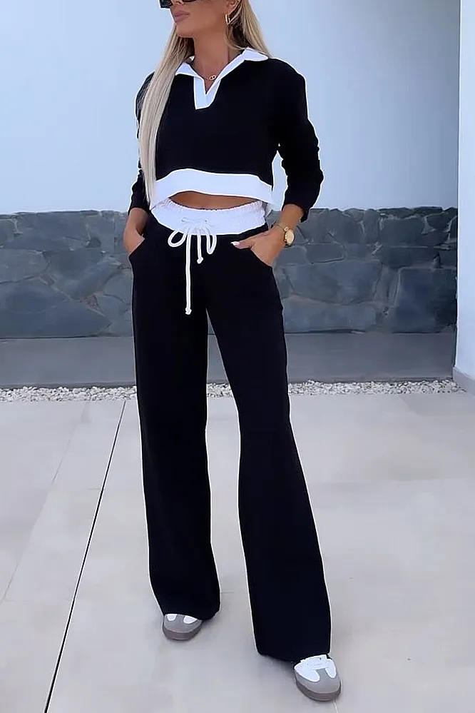 Women's contrasting splicing V-neck and pants two-piece set