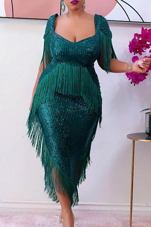 Sequined Luxe Tassel Irregular Midi Dress