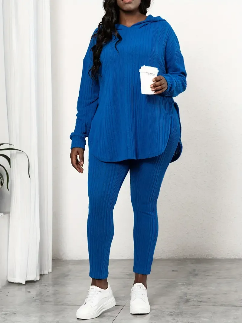 【Plus Size】 Plain Split Curved Hem Hoodie & Leggings Lounge Two-piece Set, Casual Fashion Cozy Breathable Two Piece Outfits for Daily Home Wear