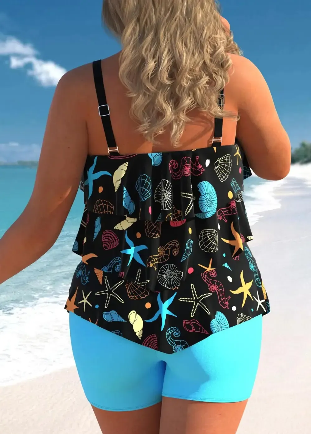 Marine Life Print Plus Size Layered Hem Tankini Set