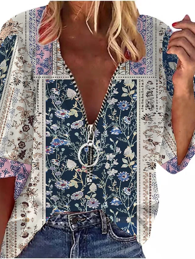 Women's Shirt Blouse Tunic Pink Floral Bohemian Zipper Flowing tunic Half Sleeve Daily Holiday Boho Streetwear Casual V Neck Regular Floral Boho S