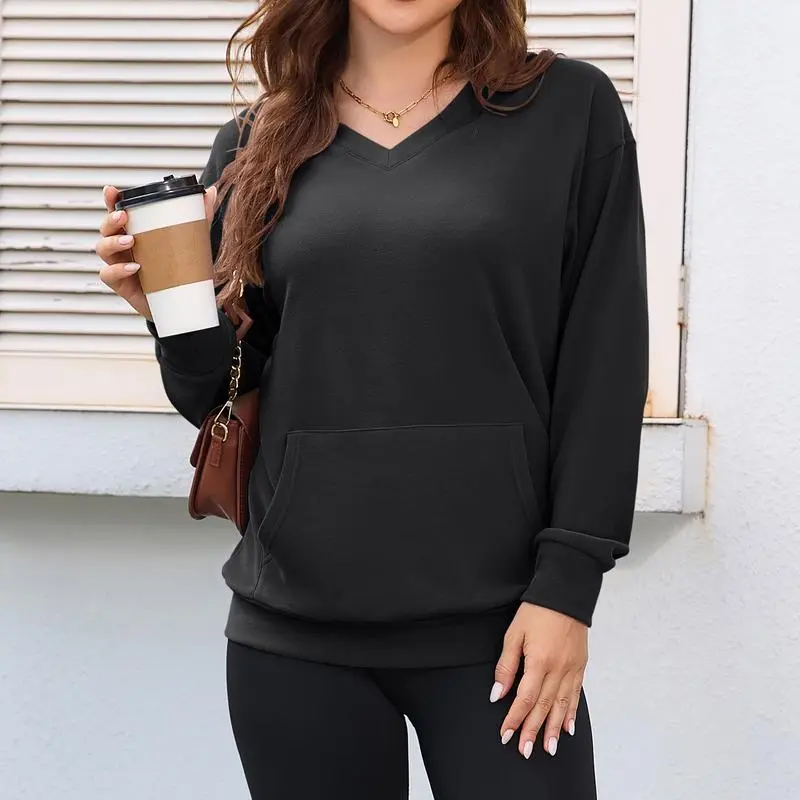 Women's Hoodless V-neck Sweatshirt With Kangaroo Pocket