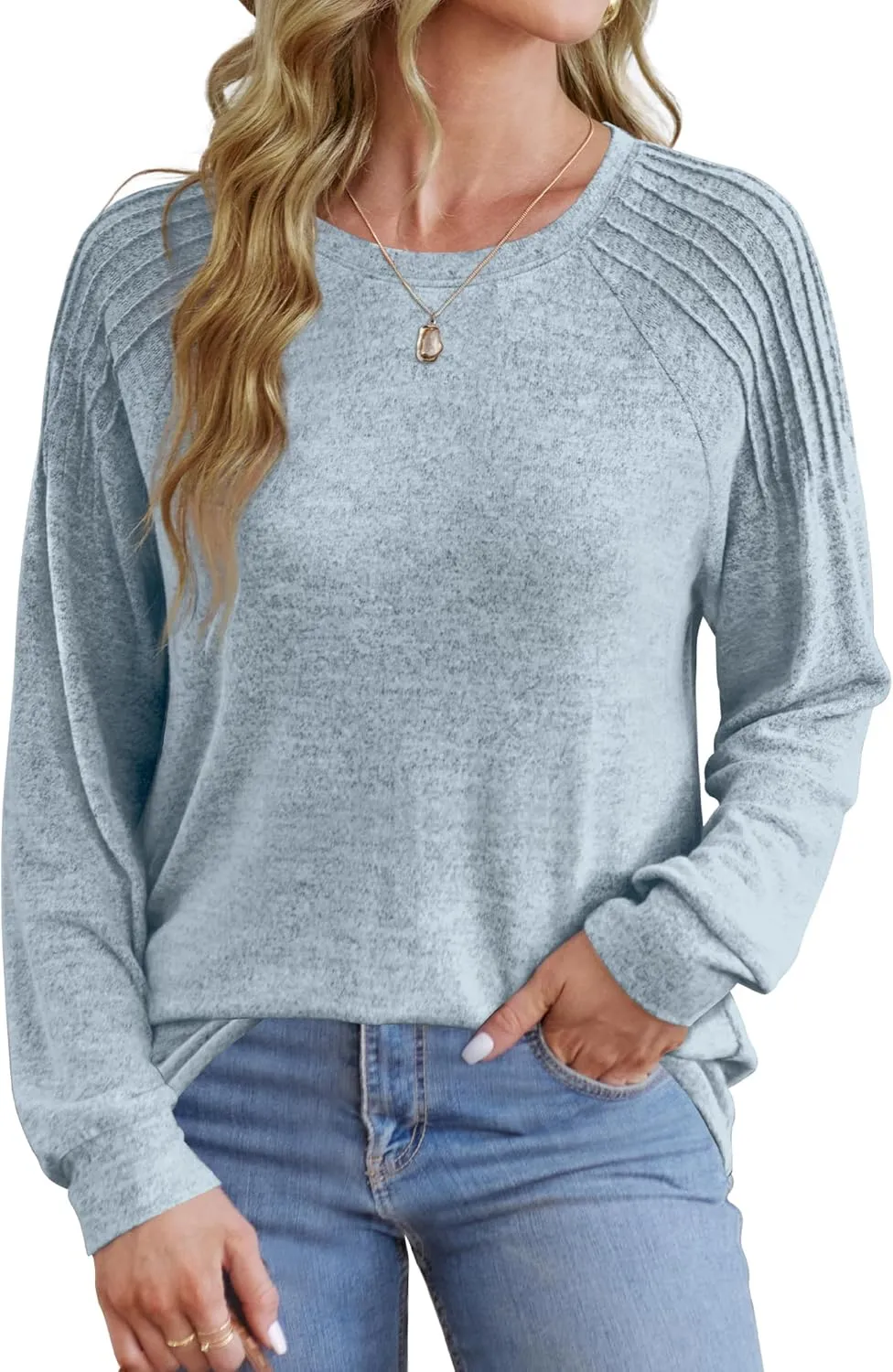 Sweatshirt for Women Crewneck Pleated Long Sleeve Shirts Tunic Tops Fashion 2024
