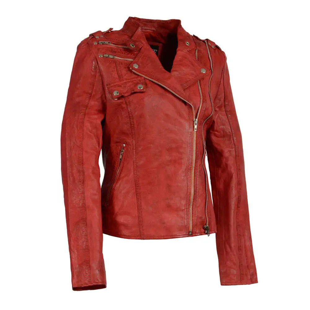 Leather Women's Distressed Red Vegan Leather Motorcycle Style Fashion Jacket SFL2845