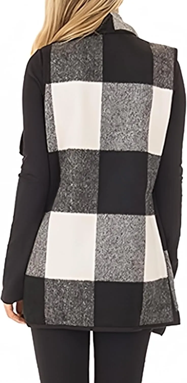 Womens Buffalo Plaid Vest Casual Lapel Open Front Sleeveless Cardigan Jacket Coat with Pockets