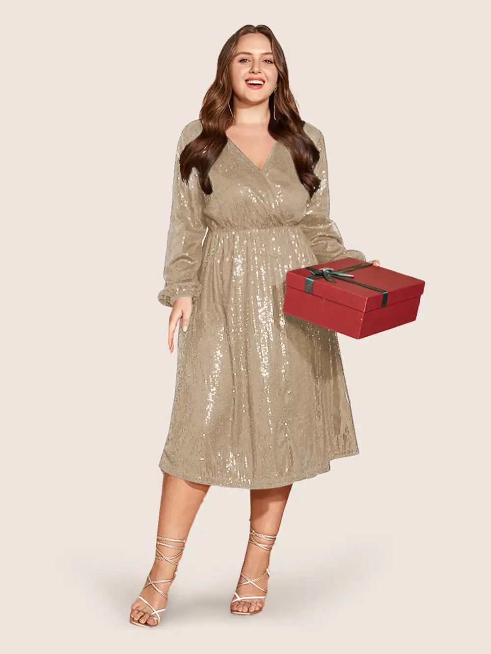 Solid Pocket Lantern Sleeve Wrap Sequin Dress
