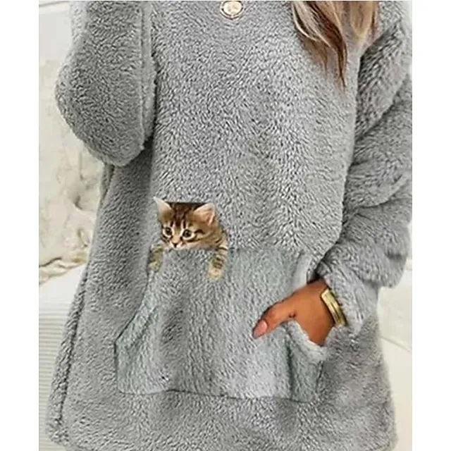 Women's Sweatshirt Pullover Fleece Sports Sherpa Fleece Teddy Front Pocket Light Blue Black Pink Cat Street Casual Round Neck Long Sleeve Top Micro-elastic Fall & Winter