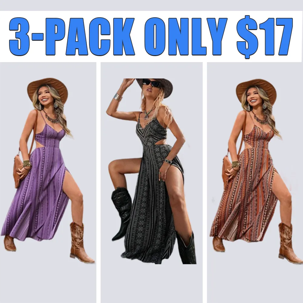 Women's Boho Paisley Cut-Out Cami Dress – Deep V, Shirred Waist, Split Thigh