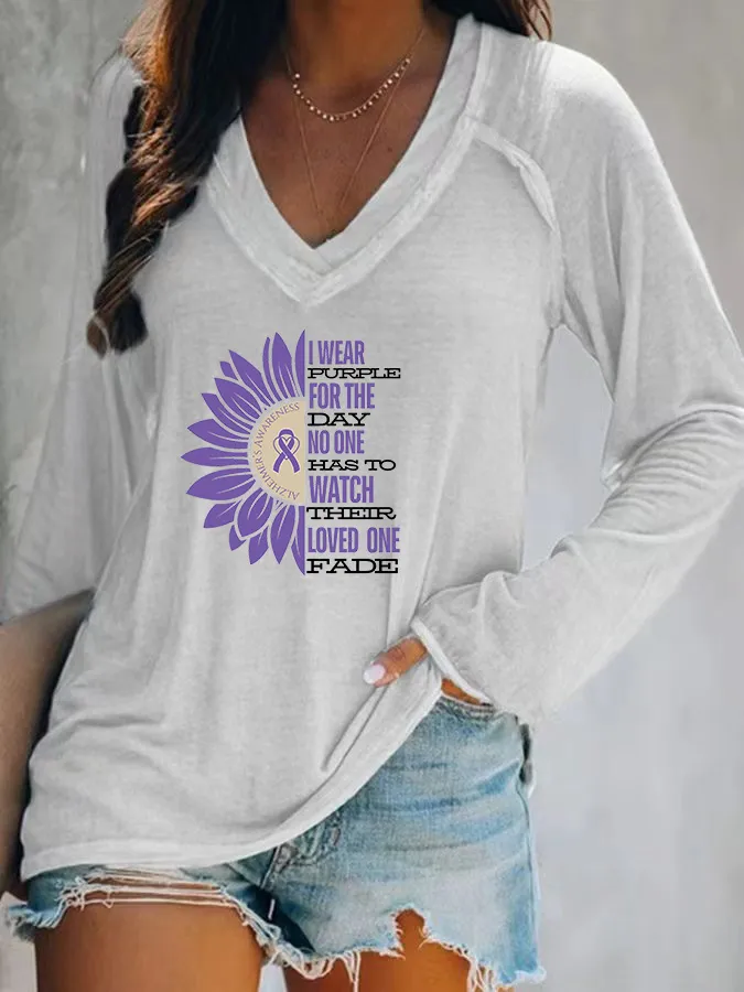 Women'S I Wear Purple For The Day No One Has To Watch Their Loved One Fade V-Neck Long-Sleeved T-Shirt