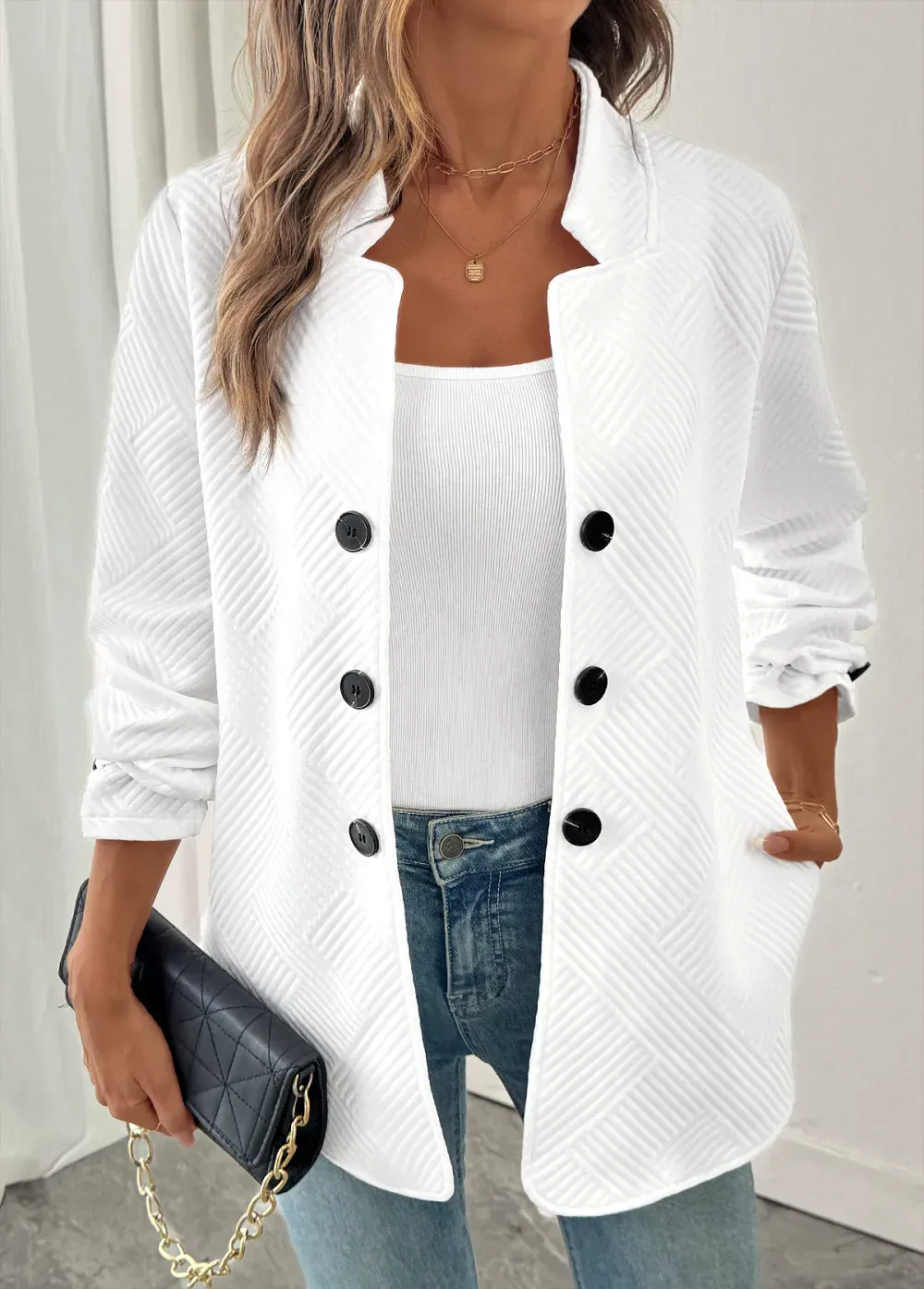 White Double Side Pockets Long Sleeve Coat
