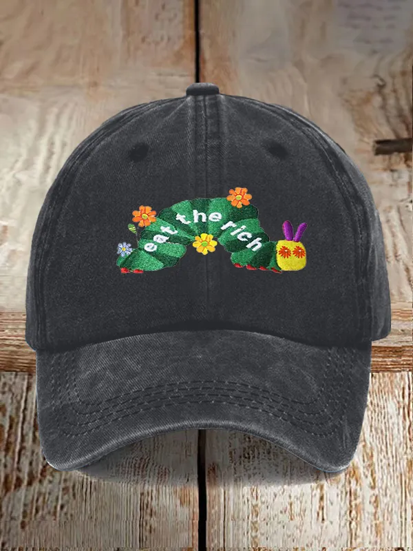 Unisex Distressed Washed Cotton Eat The Rich Print Hat
