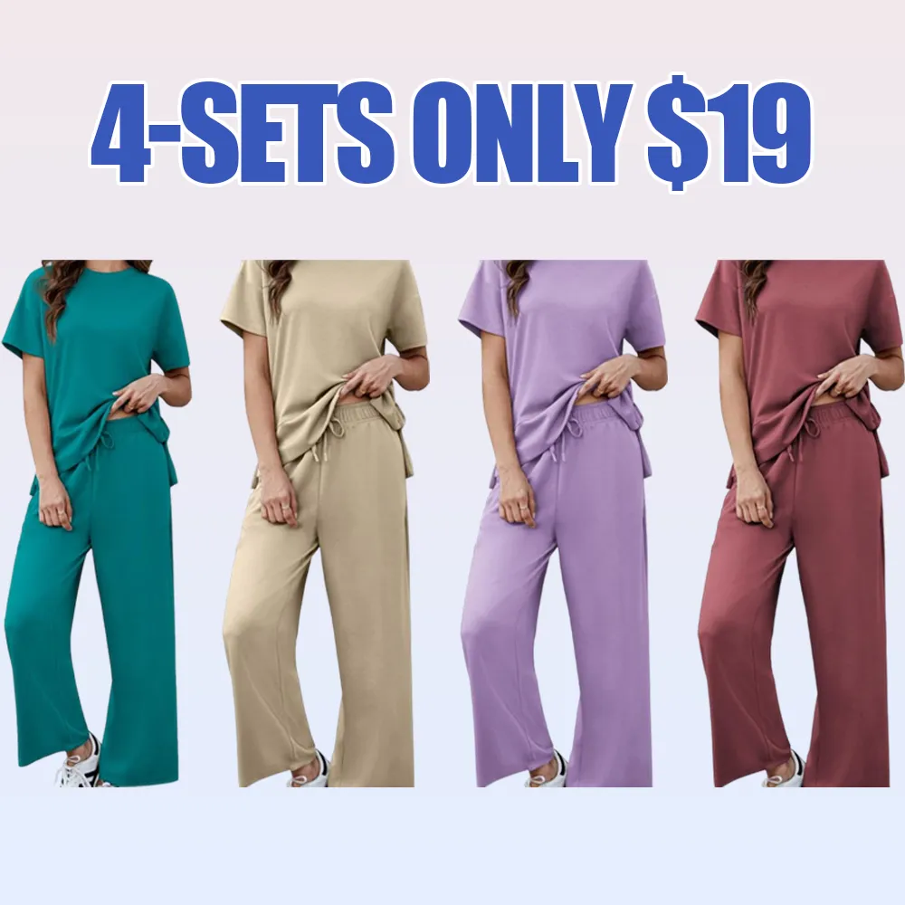 2 Piece Tracksuit for Womenswear Soft Short Sleeve Outdoor Wide Adjustable Leg Pockets Pants Lounge Matching Travel