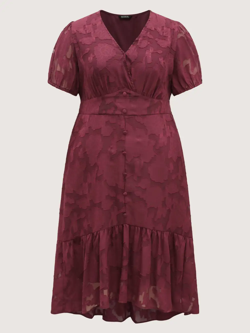 Solid Textured Lantern Sleeve Button Detail Dress