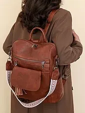 Women's Vintage Faux Leather Backpack with Tassel and Adjustable Geometric Strap – Casual Multi-pocket Travel Bag