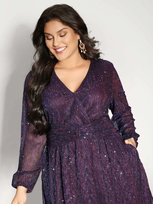 Shimmery Pleated-Waist Pockets Knee-Length Dress