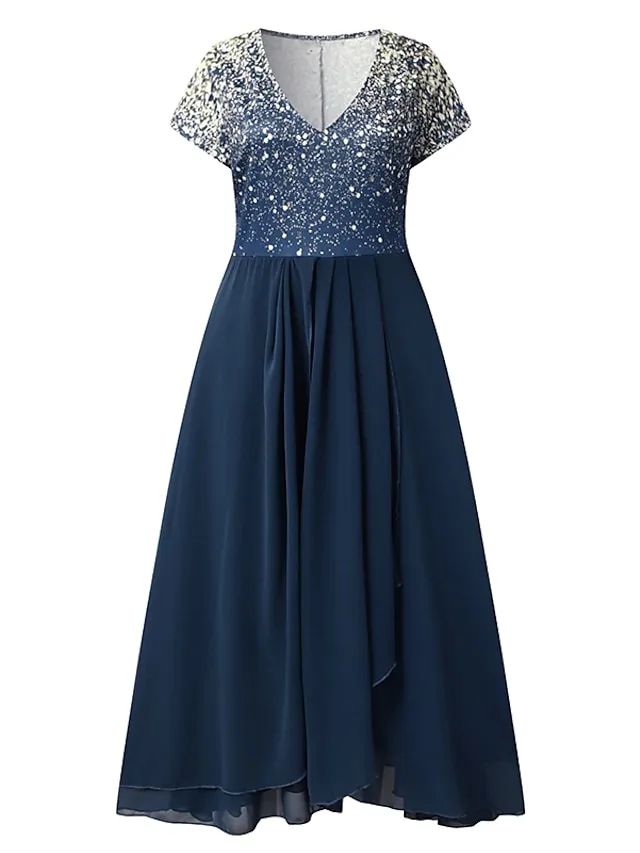 Women‘s A Line Dress Chiffon Dress Midi Dress Navy Blue Short Sleeve Color Gradient Patchwork Spring Summer V Neck Stylish Elegant Party 2023 S M L XL XXL 3XL / Party Dress