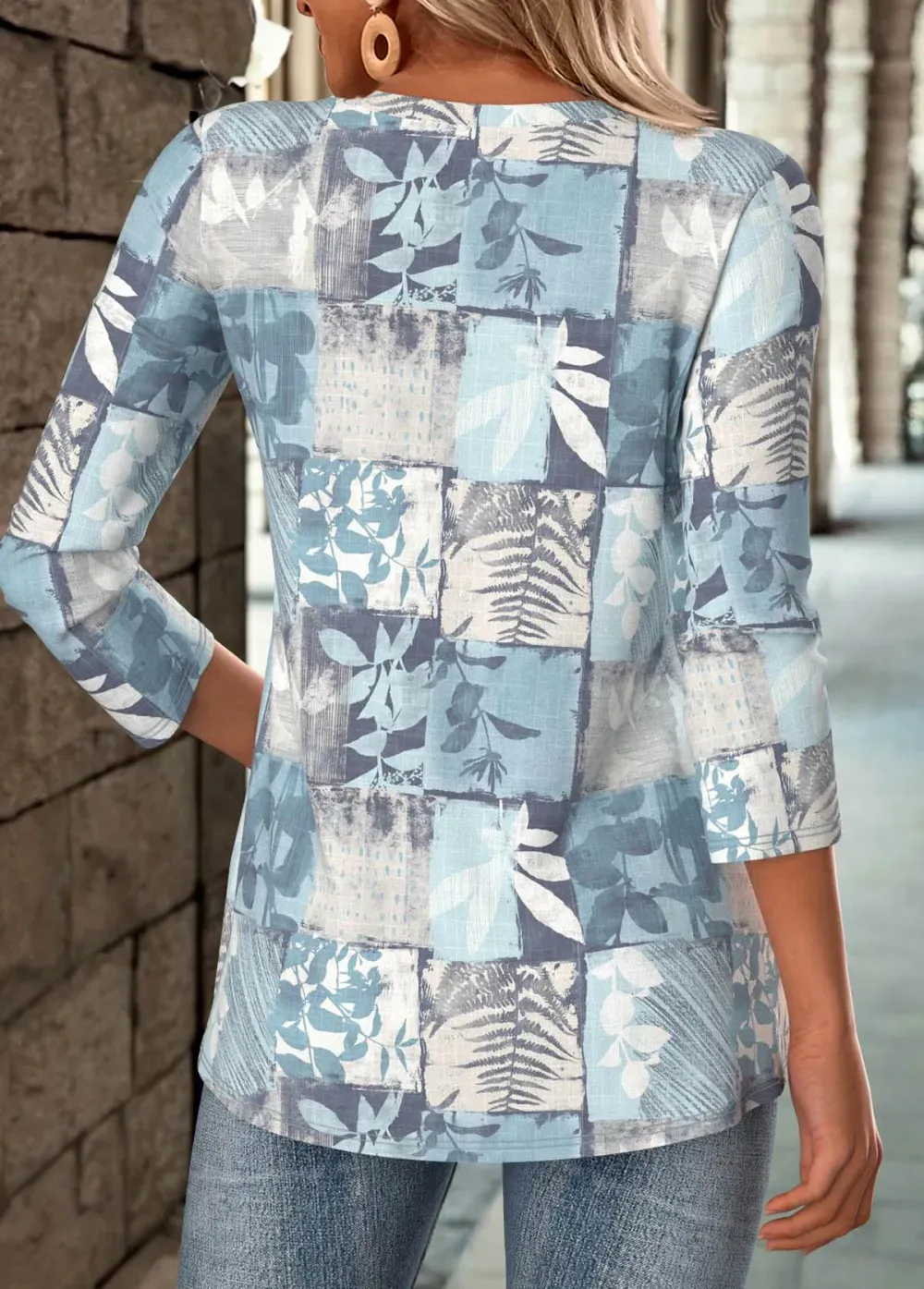 Dusty Blue Tummy Coverage Leaf Print T Shirt