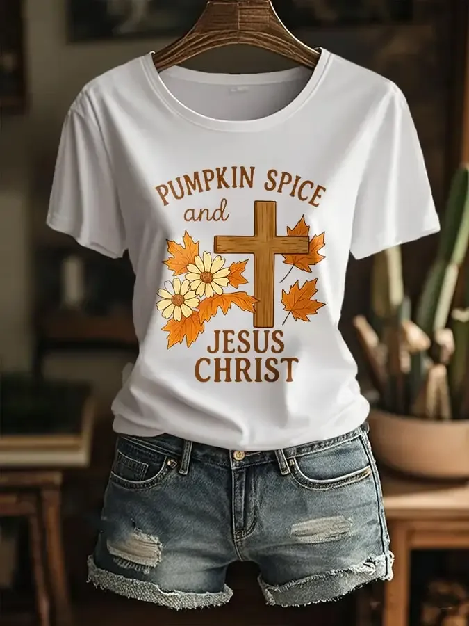 Women's Pumpkin Season Jesus Faith Cross Casual T-shirt