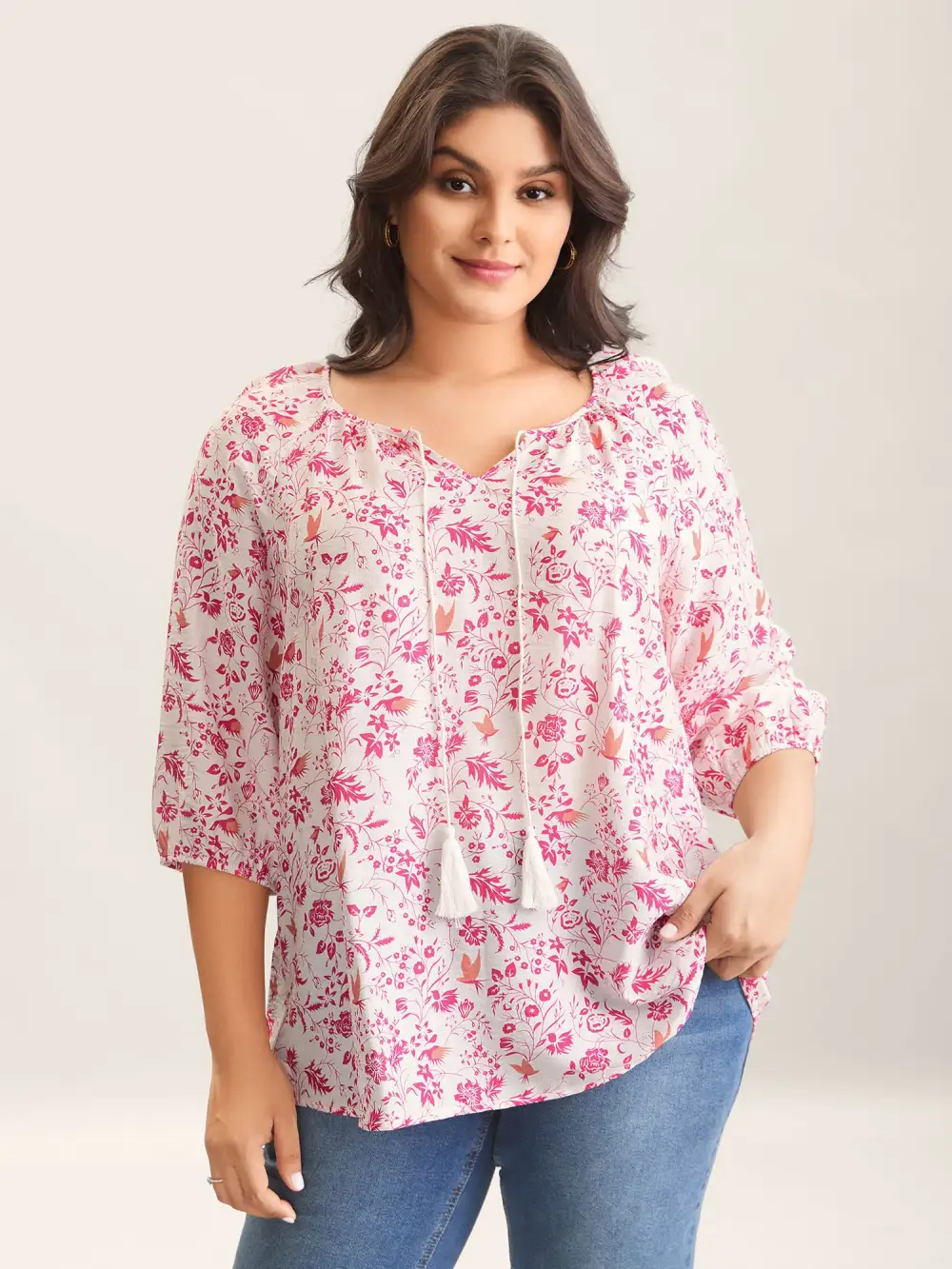 Silhouette Floral Print Neck Tassels Blouse