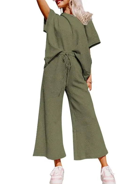 ✨Women's Textured Loose Fit T Shirt and Drawstring Pants Casual Set