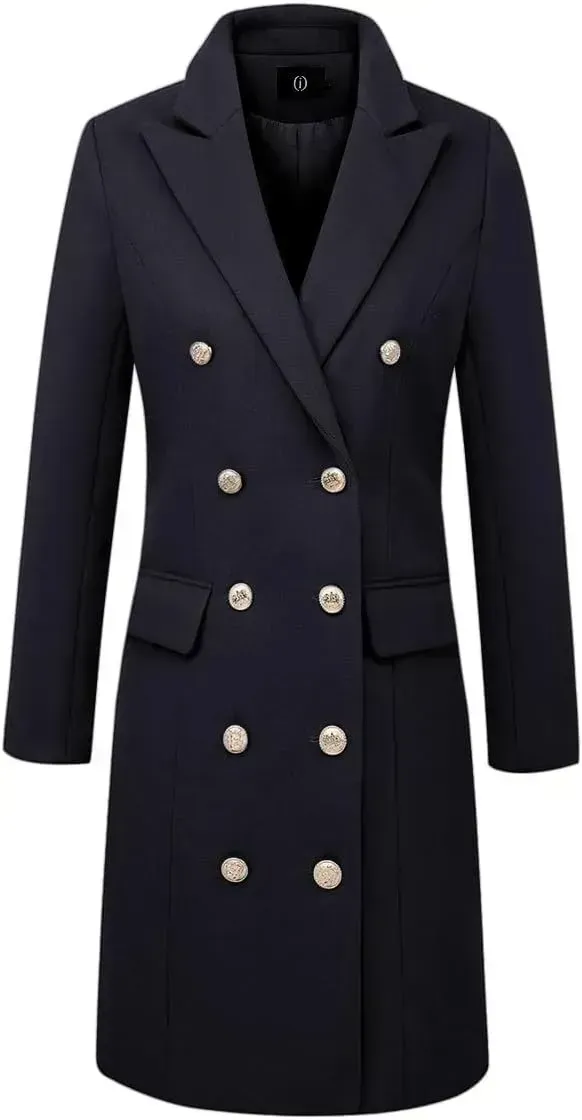 Womens Fall Winter Wool Coats Double Breasted Midi Peacoat Trench Coats