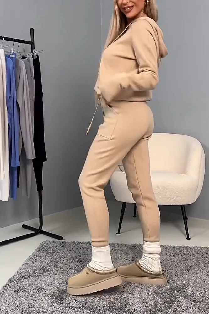 Women's solid color knitted top and pants two-piece set