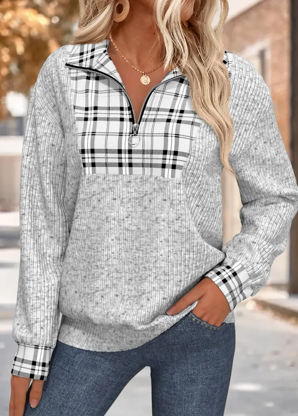Grey Plaid Long Sleeve Turn Down Collar Sweatshirt
