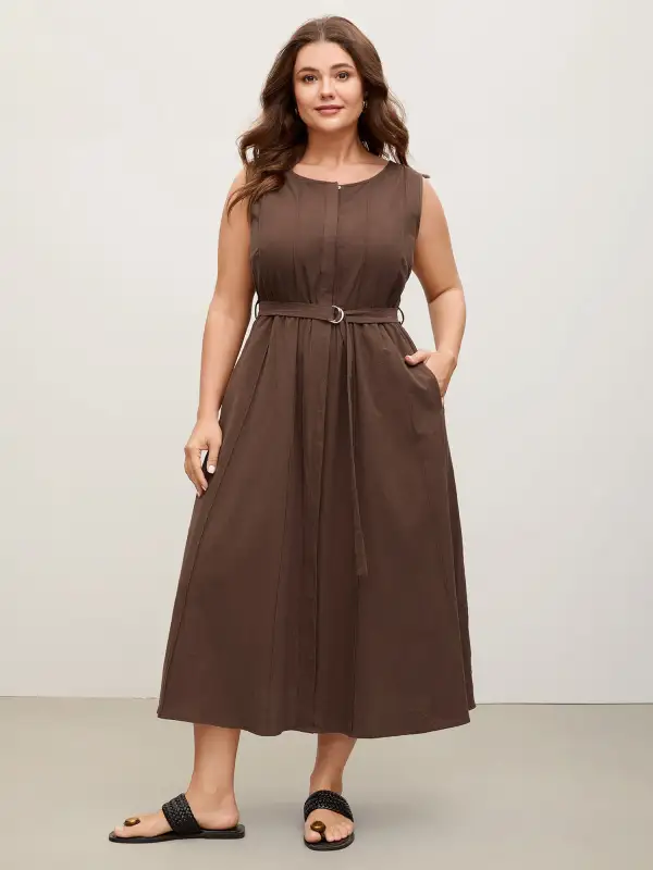 Pure Cotton Adjustable Belt Placket Midi Dress