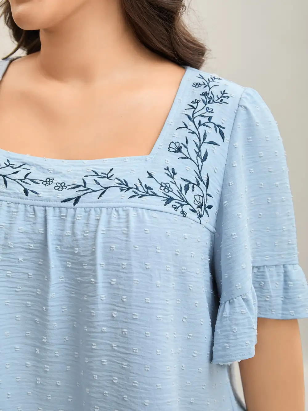 Textured Floral Embroidered Flared Sleeve Shirt
