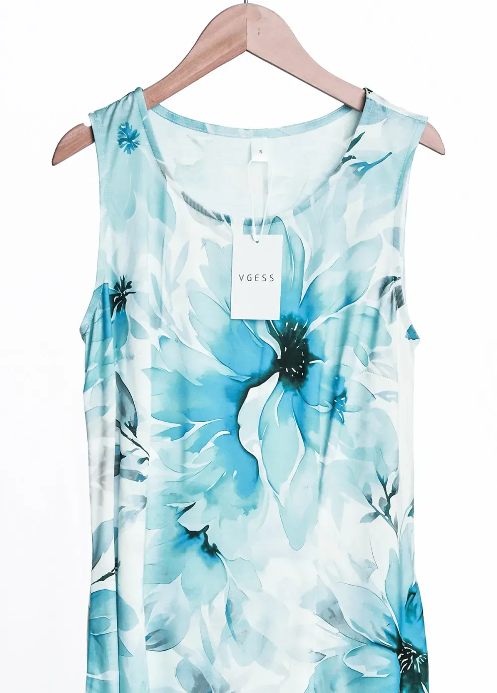 Blue Pocket Floral Print A Line Sleeveless Dress