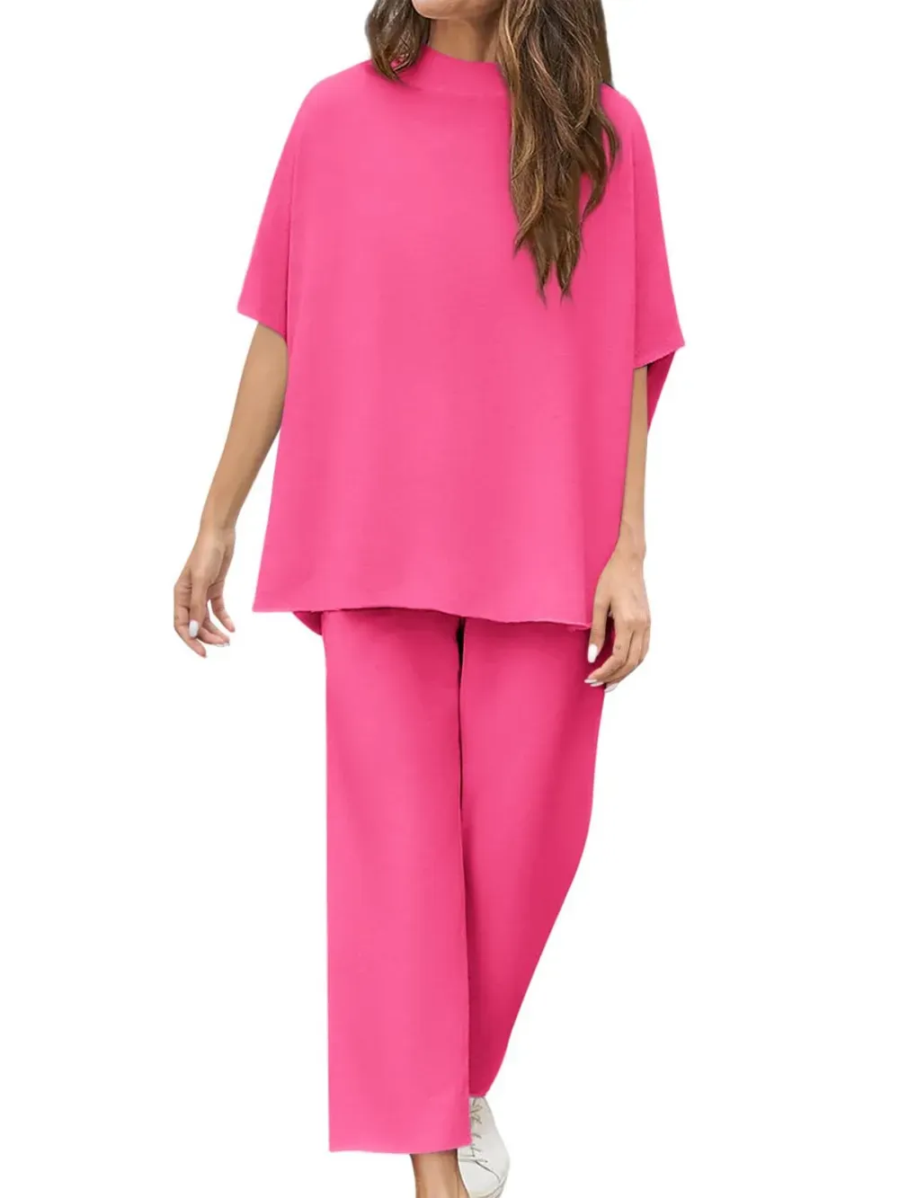 ✨Women's 2 Piece Outfits 3/4 Batwing Sleeve Pullover Top Wide Leg Pants Lounge Set