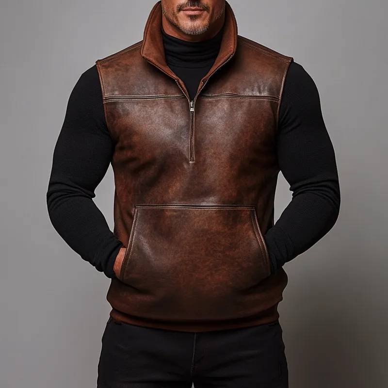Men's PU Leather High Neck Half Zip Pocket Vest
