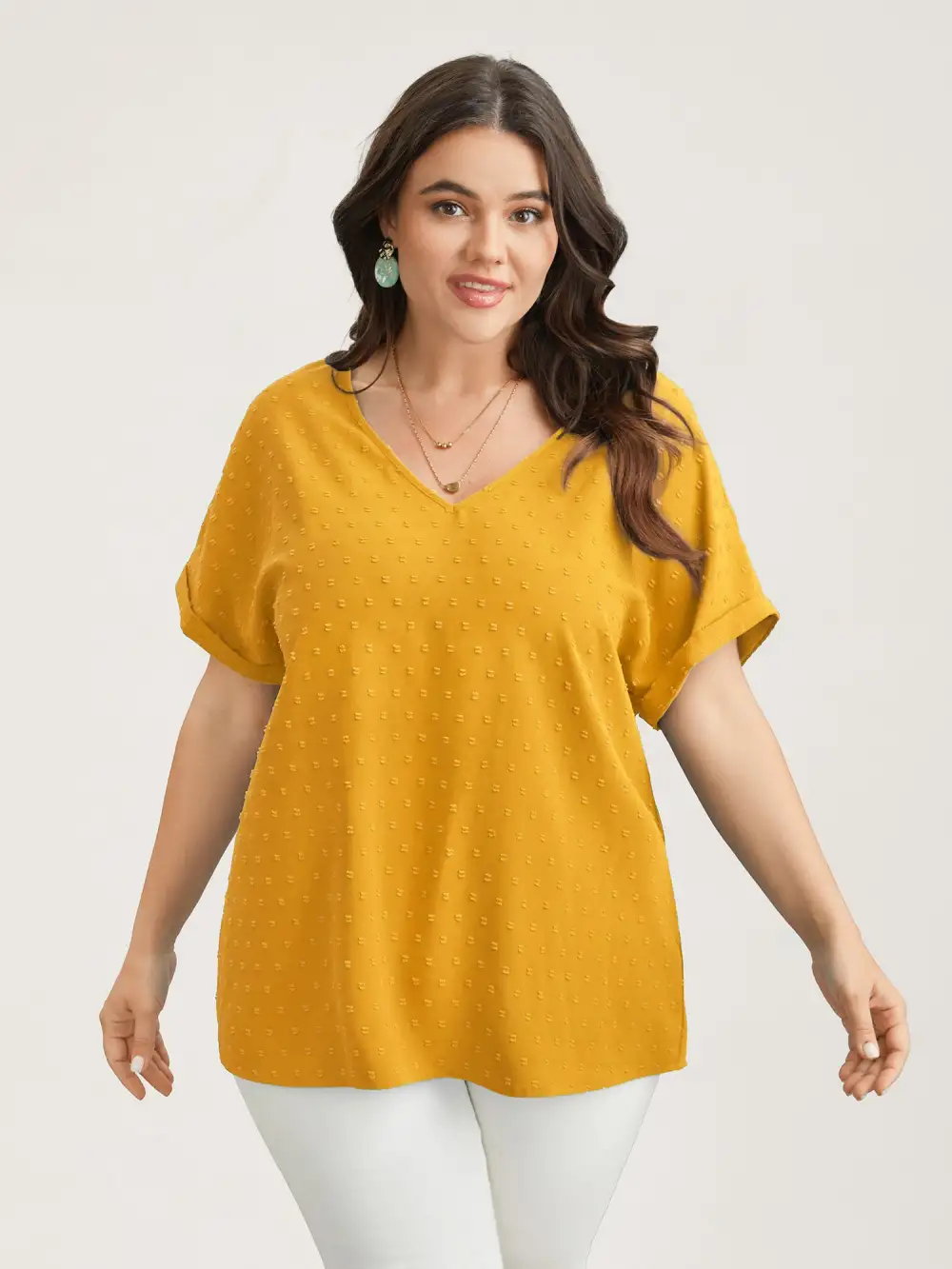 Back-Button Textured V-Neck Shirt