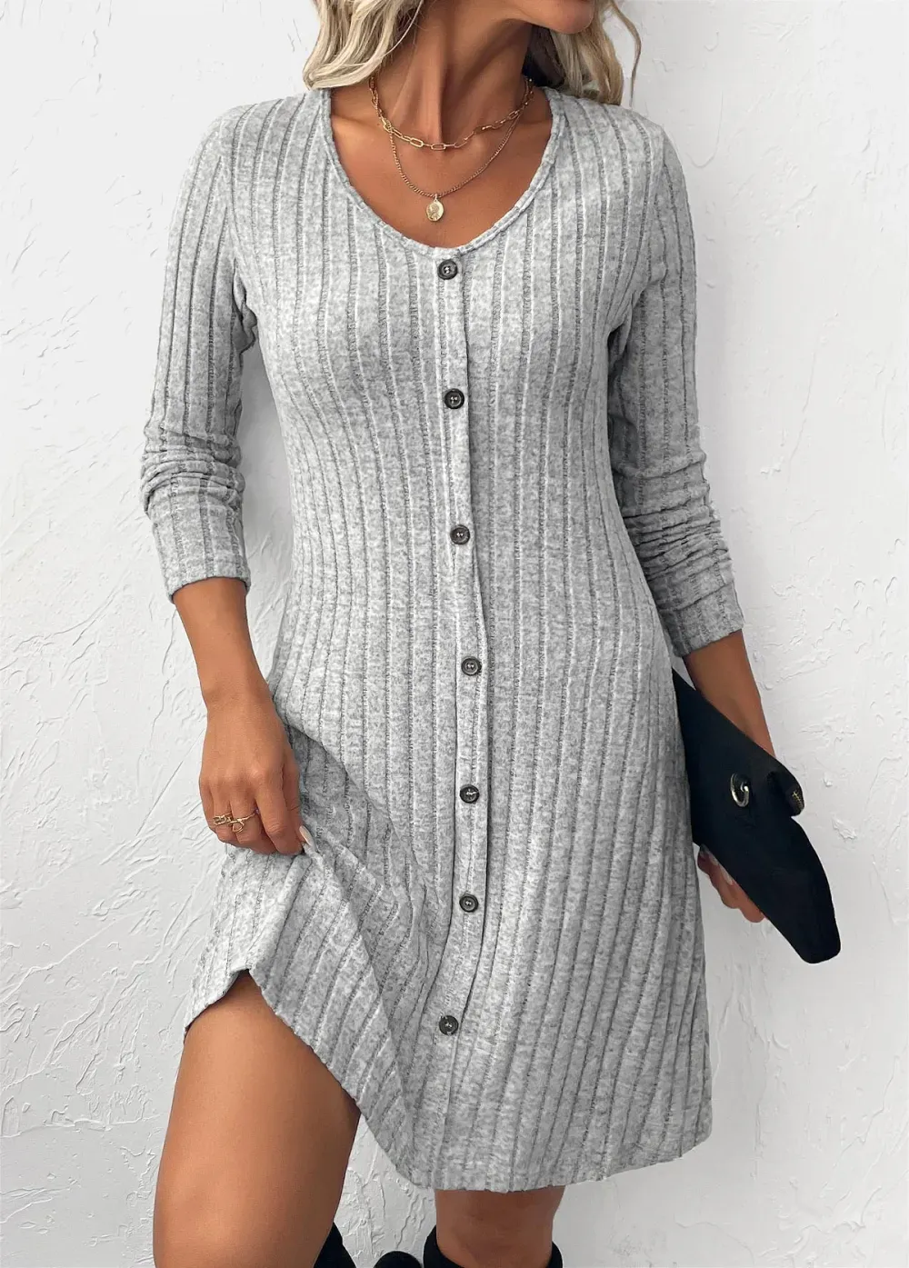 Light Grey Button Long Sleeve Scoop Neck Dress