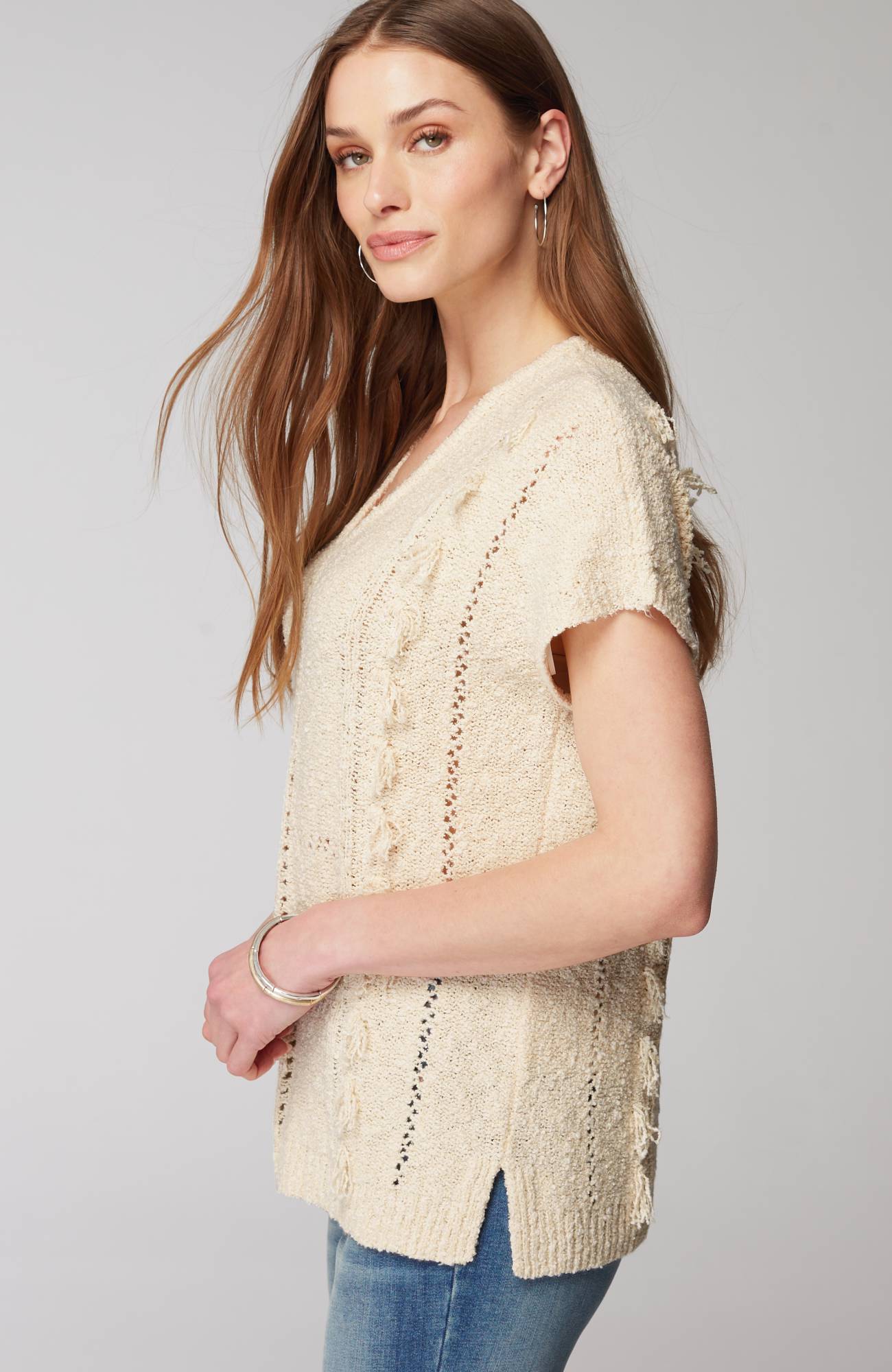 Fringed Open-Texture Short-Sleeve Sweater