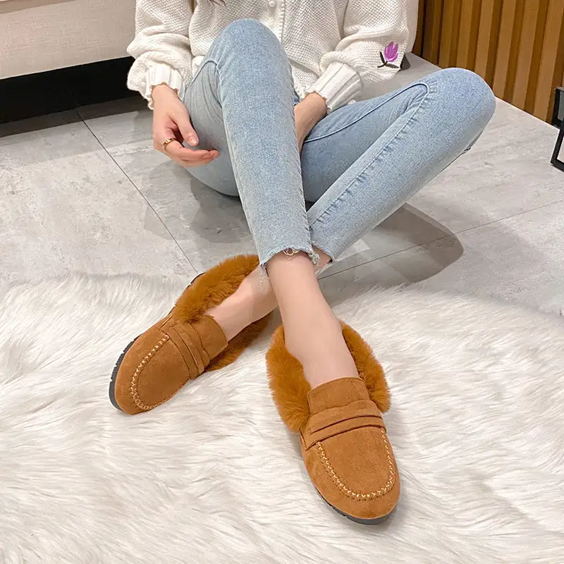 Women's Comfort sofe Furry Outer Wearing Flats Loafers Ankle boots Wild Fluffy Flat Mules Warm Shoes