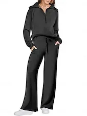 Women's Fashion Streetwear Pants Sets Bolero Top Long Sleeve Shirt Collar Solid Color Outdoor Work Casual Black Fuchsia Beige Fall Regular Fit