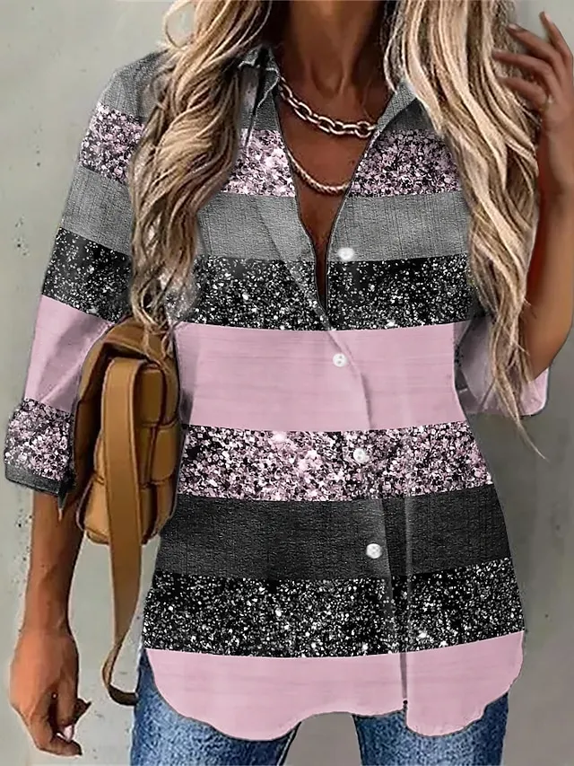 Women's Shirt Blouse Pink Blue Purple Graphic Striped Button Print Long Sleeve Daily Weekend Streetwear Casual Shirt Collar Regular S