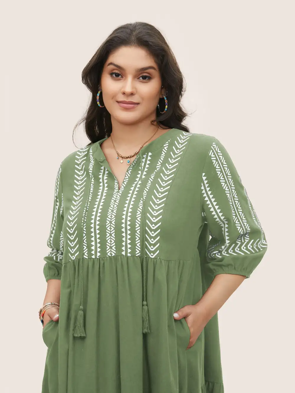 Cotton Geometric Bandana Print Tassel Trim Dress