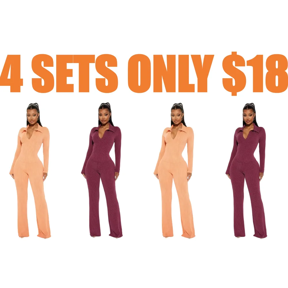 Ribbed Knit Collared Deep V Slim-Fit Set - Fashion Two-Piece with Flared Pants