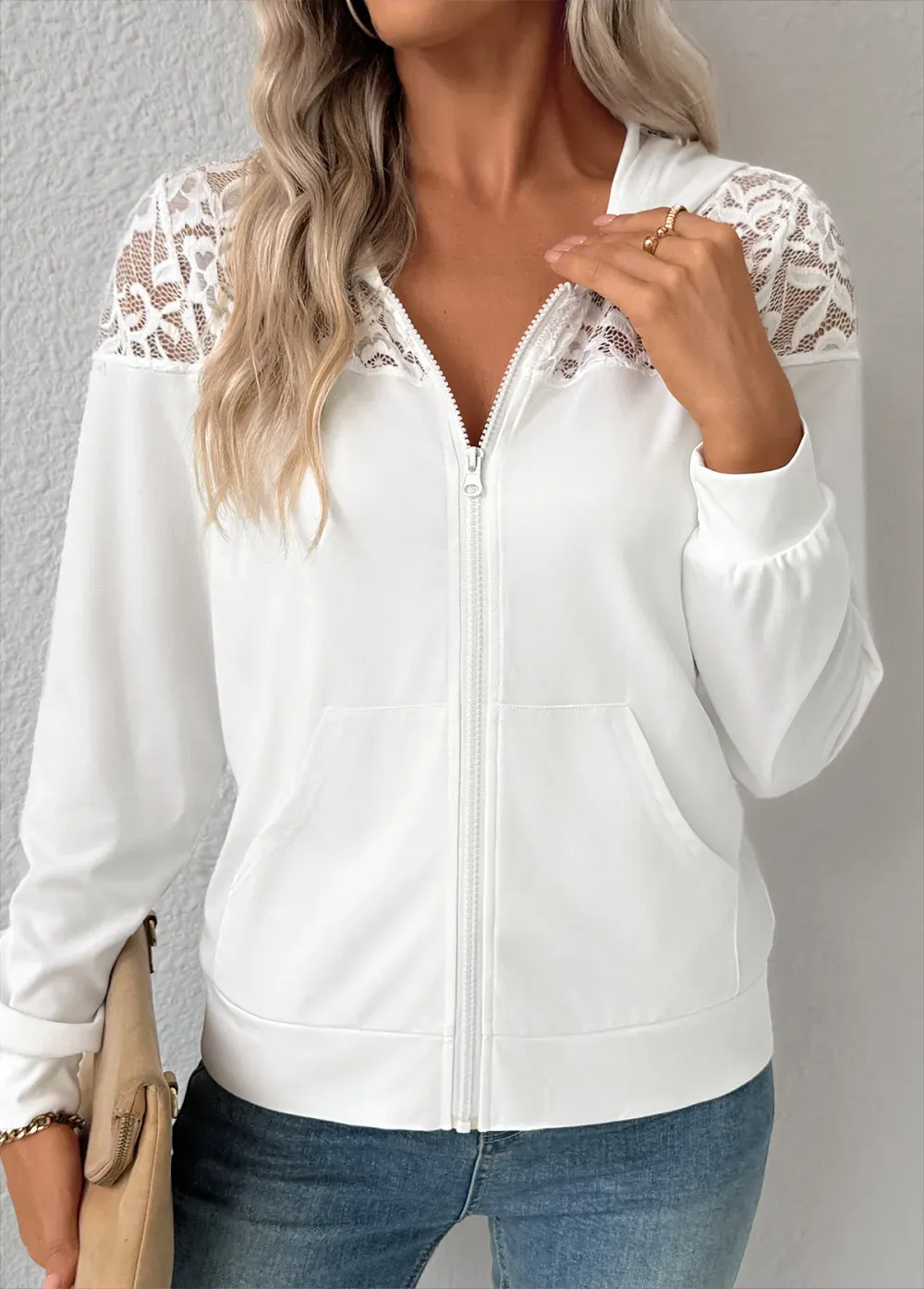 White Double Side Pockets Long Sleeve Coat