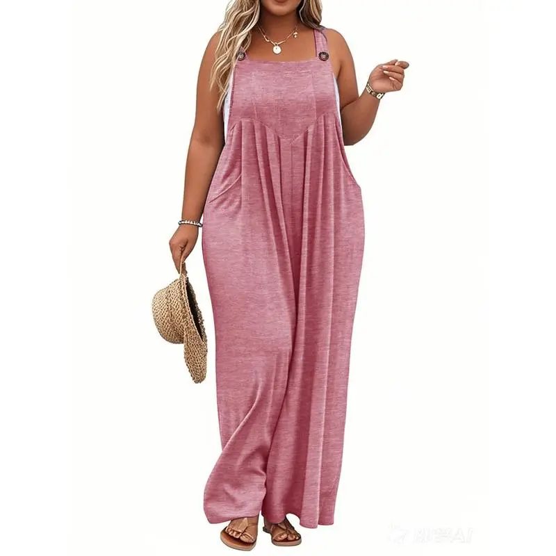 Plus Size Wide-Leg Jumpsuit with Pockets – Adjustable & Casual Fit for Summer
