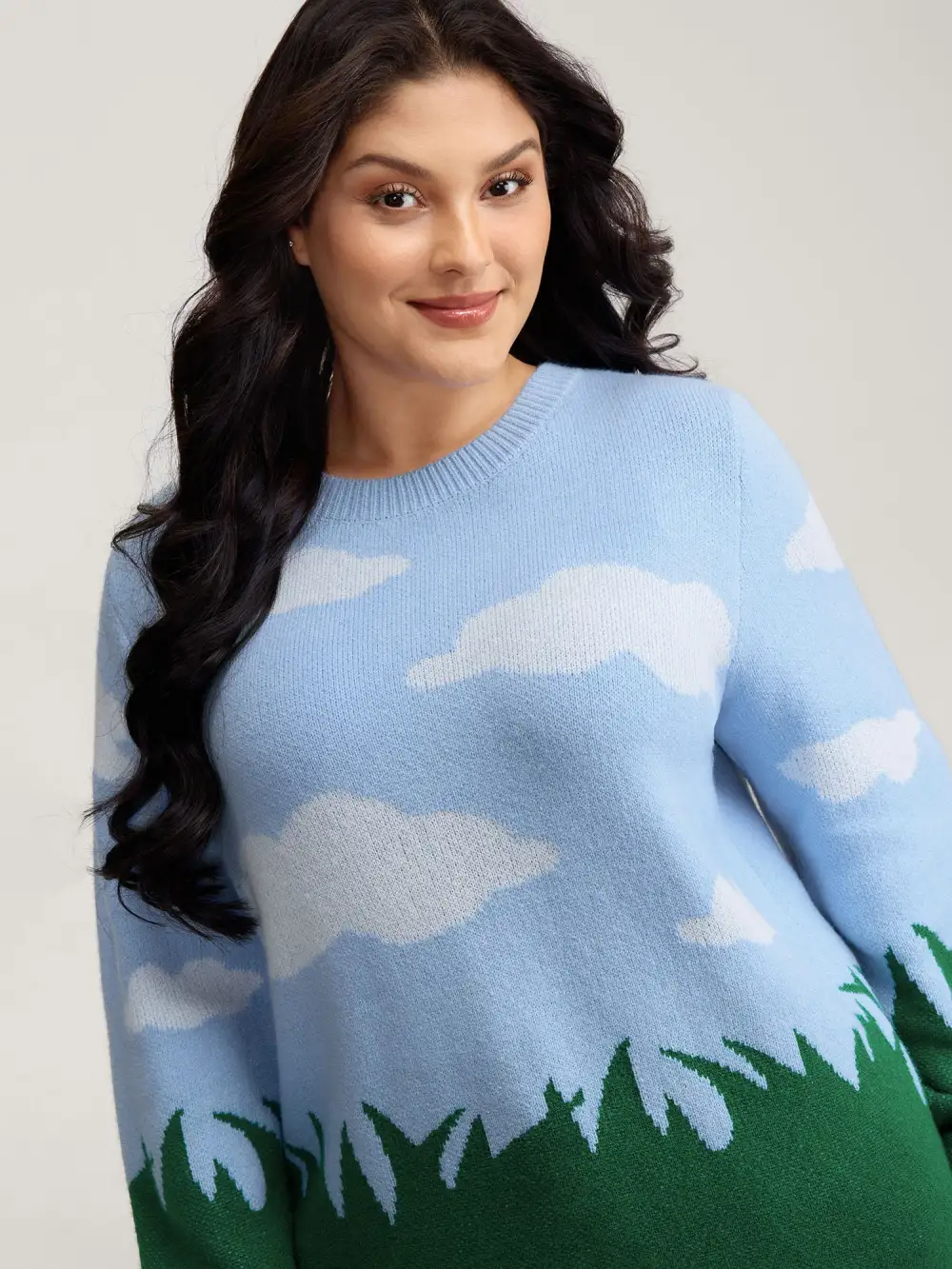 Cloudy Grass Print Jacquard Balloon Sleeve Pullover