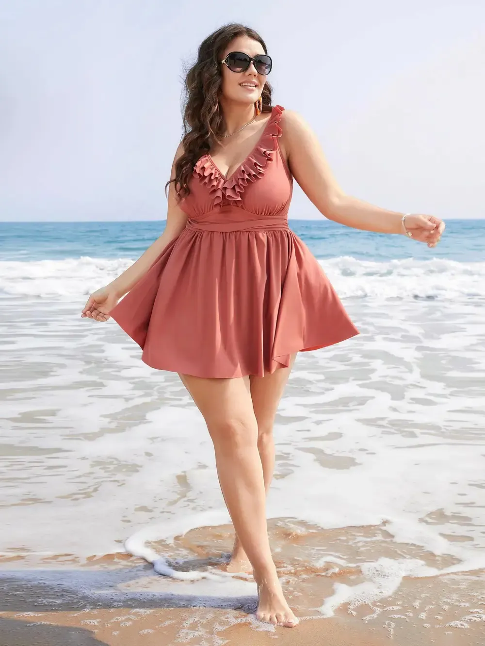 Ruffle Trim Adjustable Straps Gathered Sculpt Waist Swim Dress