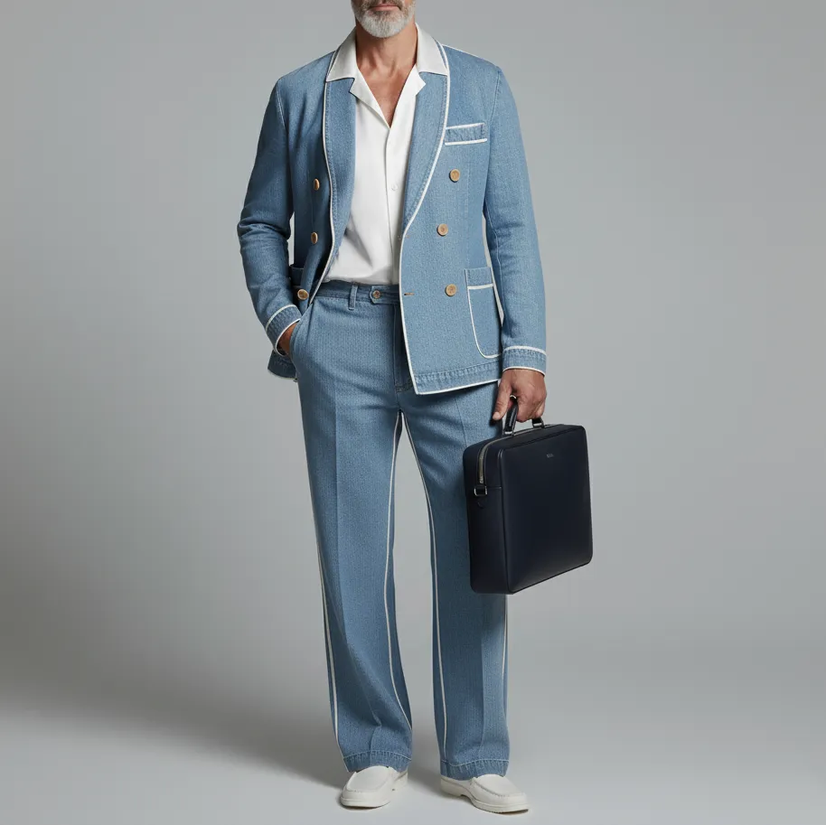 Men's Light Blue Denim Contrast Binding Double Breasted Blazer & Pocket Jeans 2Pcs Set