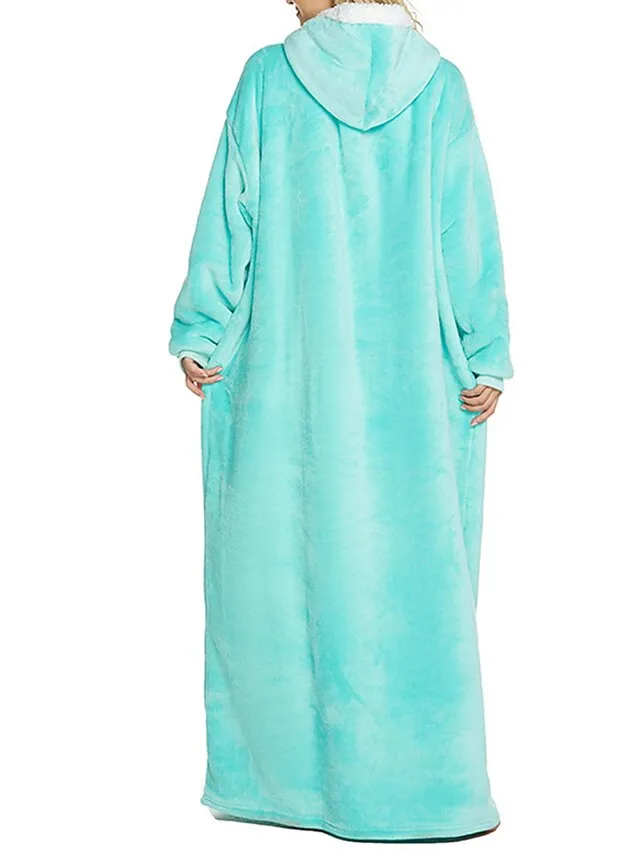 Women's Wearable Blanket Hoodie Blanket Pajama Loungewear Pure Color Warm Plush Casual Home Daily Bed Flannel Warm Breathable Hoodie Long Sleeve Pocket Fall Winter Lake blue Black