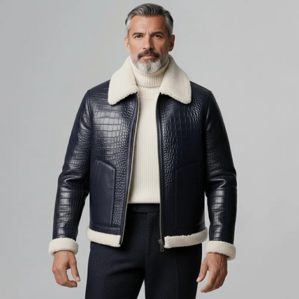 Men's Navy Blue Crocodile PU Leather Plush Patchwork Shirt Collar Long Sleeve Zipper Jacket