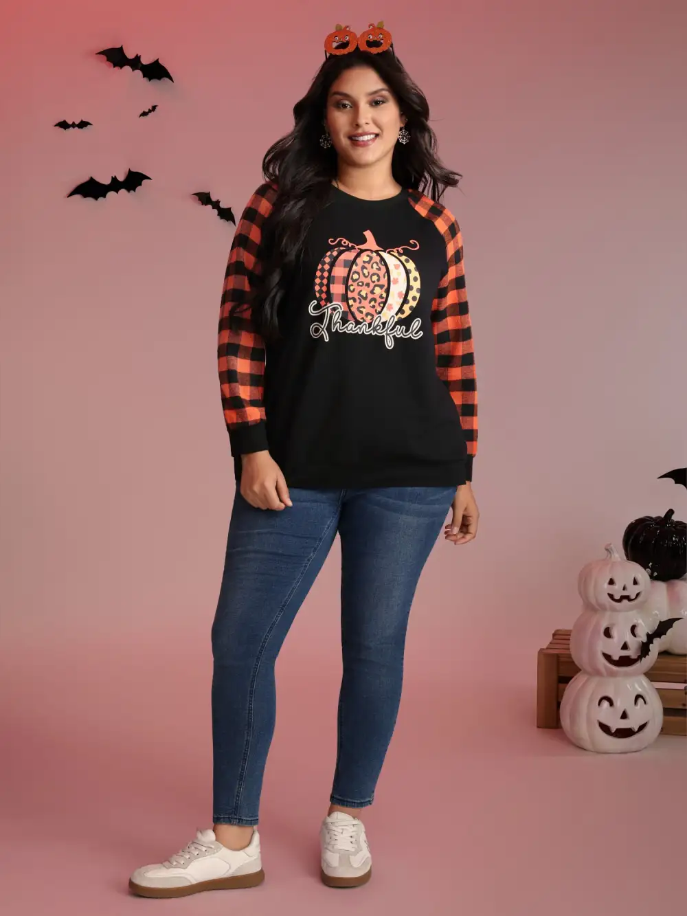 Halloween Pumpkin Plaid Stretchy Sweatshirt